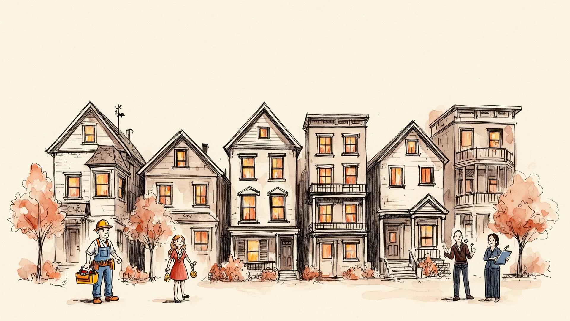 Hand-drawn illustration of a row of houses with a contractor, tenant and property manager
